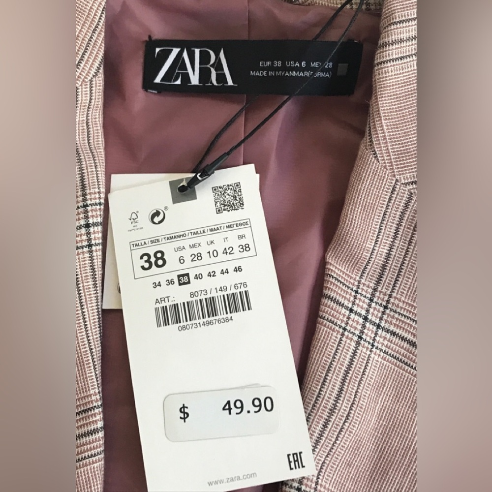 NWT! Zara Tailored Linen Blend Plaid Blazer In Dusty Pink Size: US 6 EUR 38 - Picture 9 of 15